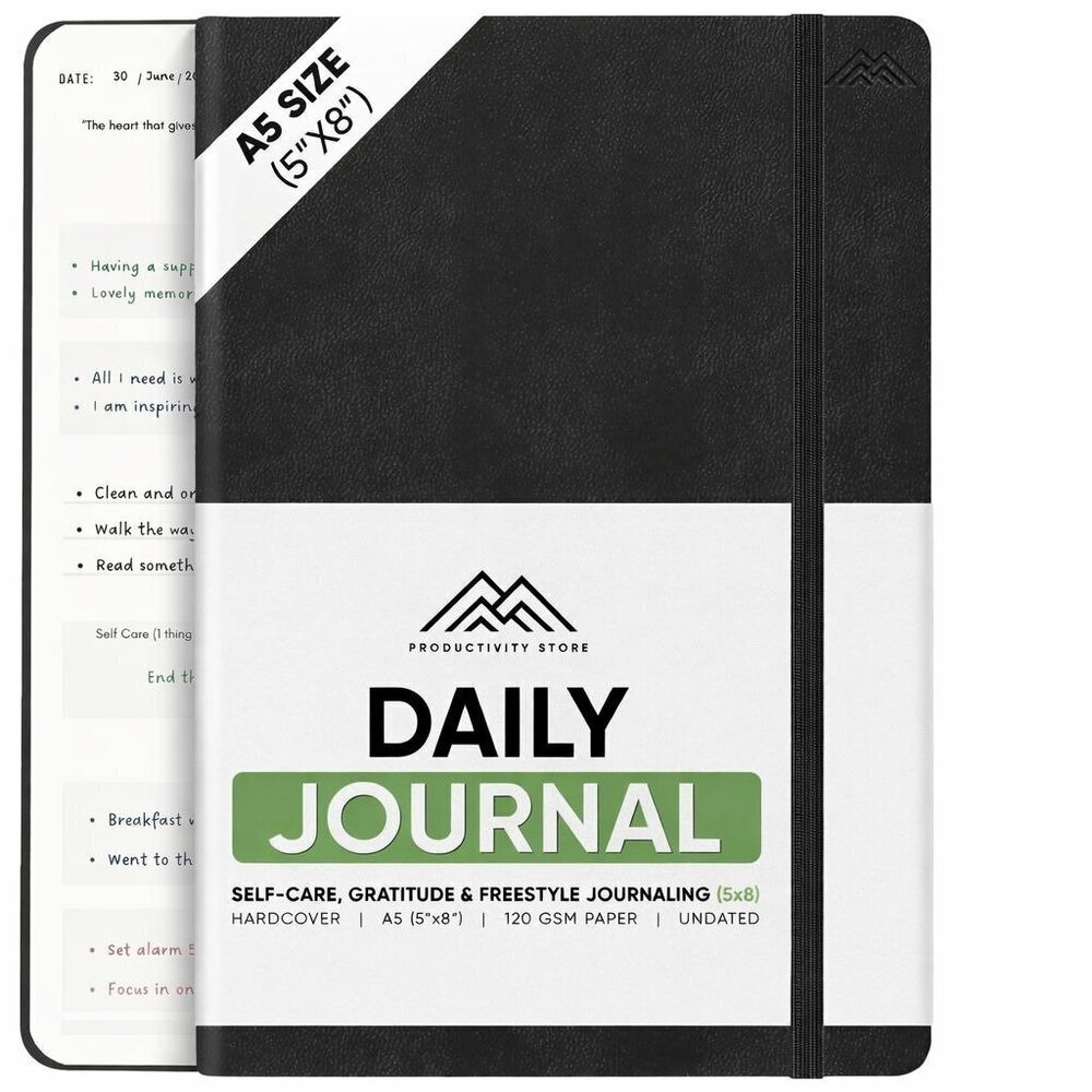 Daily Gratitude Journal A5 Undated Self Care Planner w/ Prompts Black